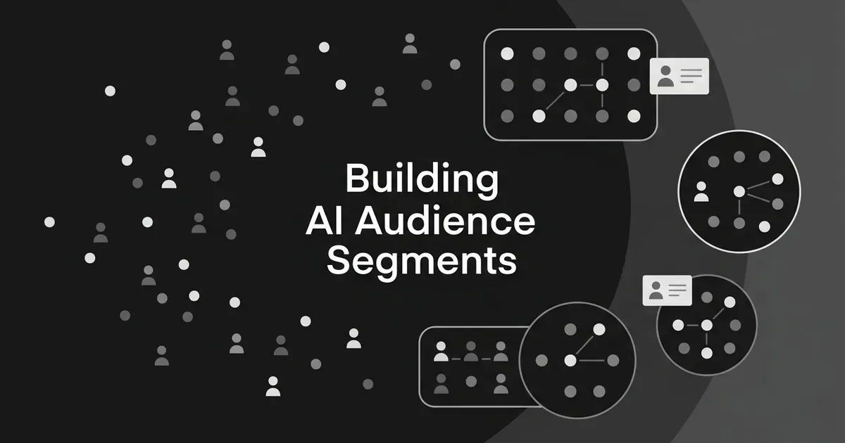 Monochrome illustration showing a scattered crowd of people icons on the left organizing into labeled, connected clusters with persona card tags on the right, representing audience segmentation.