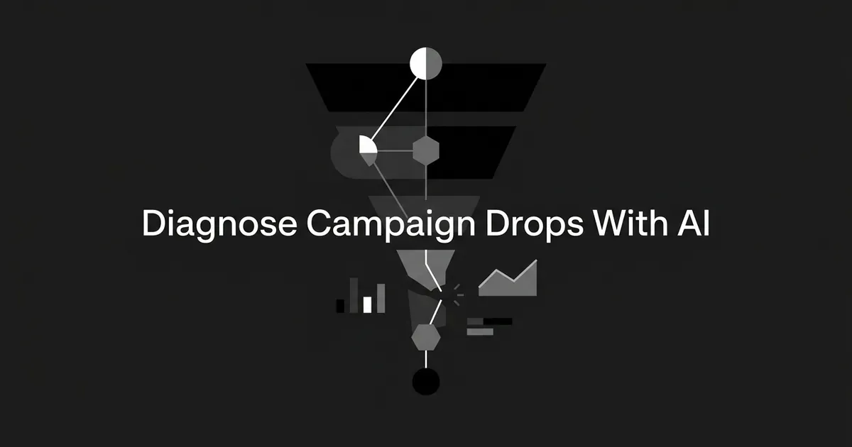 An abstract monochrome funnel breaking apart at its narrowest point, with connected nodes and small chart fragments below it, next to the text Diagnose Campaign Drops With AI.