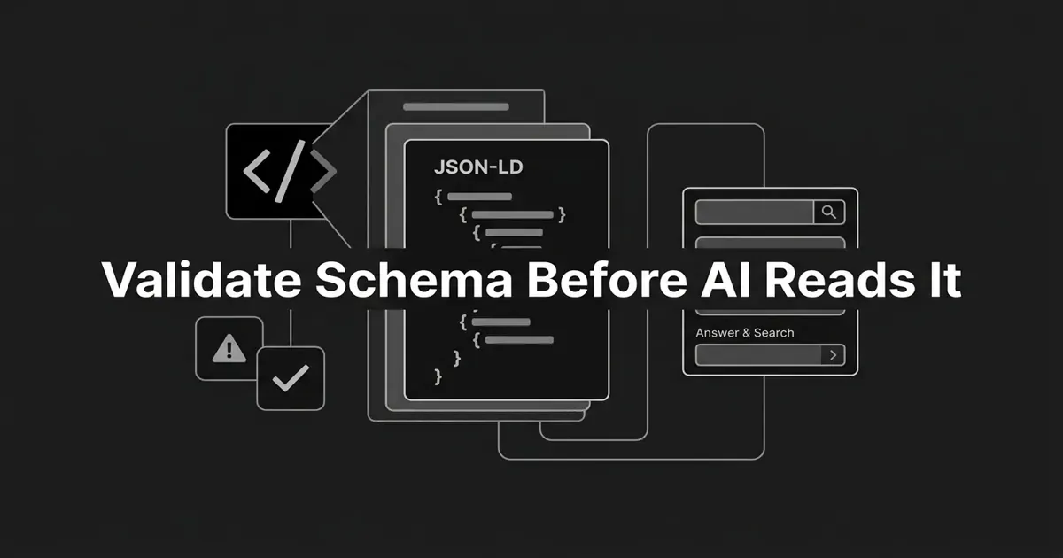 Monochrome illustration of a JSON-LD code block linked to a code bracket, a warning icon, a checkmark, and a search answer panel, under the cover line Validate Schema Before AI Reads It.