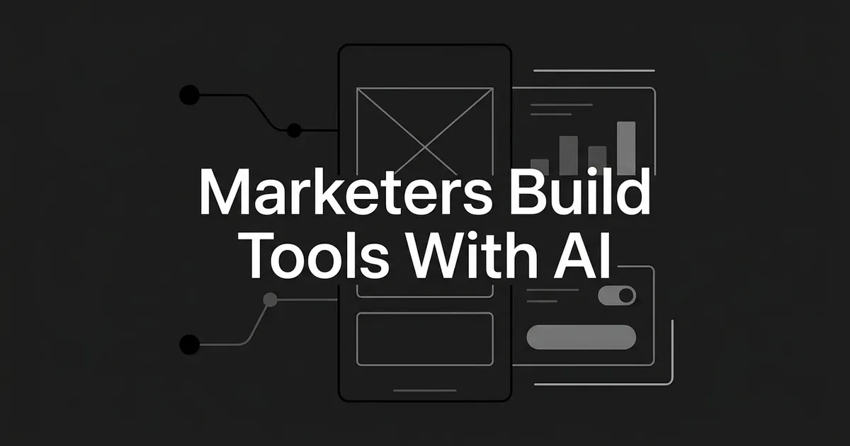 An abstract monochrome illustration of a wireframe app screen with connected nodes, a small bar chart, and a toggle switch, with the words Marketers Build Tools With AI centered over it.