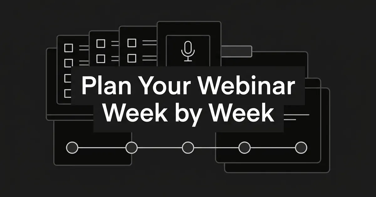Layered checklist cards and a microphone icon above a five-step timeline on a charcoal background, with the cover line Plan Your Webinar Week by Week.
