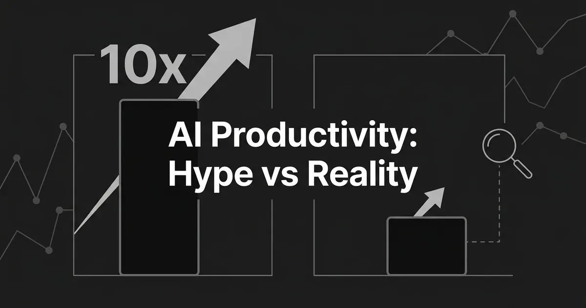 An illustration contrasting a tall bar chart labeled 10x with a sharply rising arrow representing an inflated vendor claim against a smaller, modest bar chart with a short upward arrow representing a real measured productivity gain, connected by a magnifying glass icon, on a charcoal background with the headline AI Productivity: Hype vs Reality.