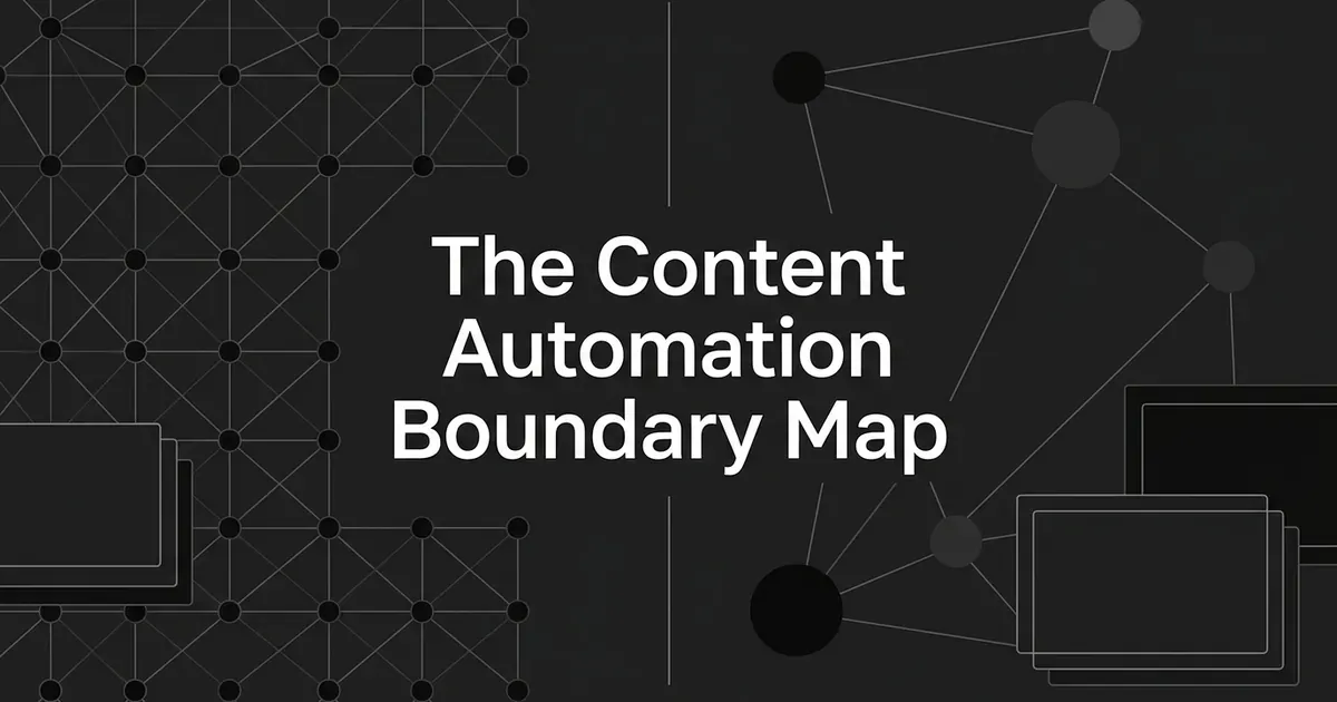 An abstract monochrome cover with a vertical dividing line separating an even grid of small connected nodes from a sparser cluster of larger ones, under the cover line The Content Automation Boundary Map.