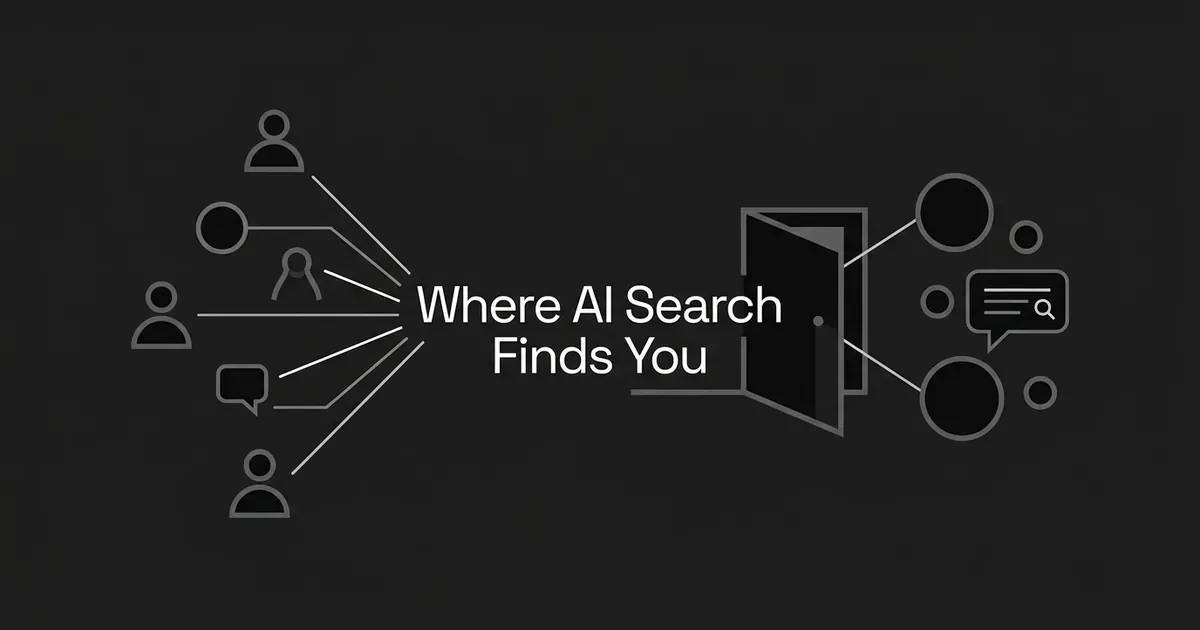 A monochrome illustration of several buyer situation icons connected by lines converging through an open doorway into brand and search-bubble nodes, with the text "Where AI Search Finds You".