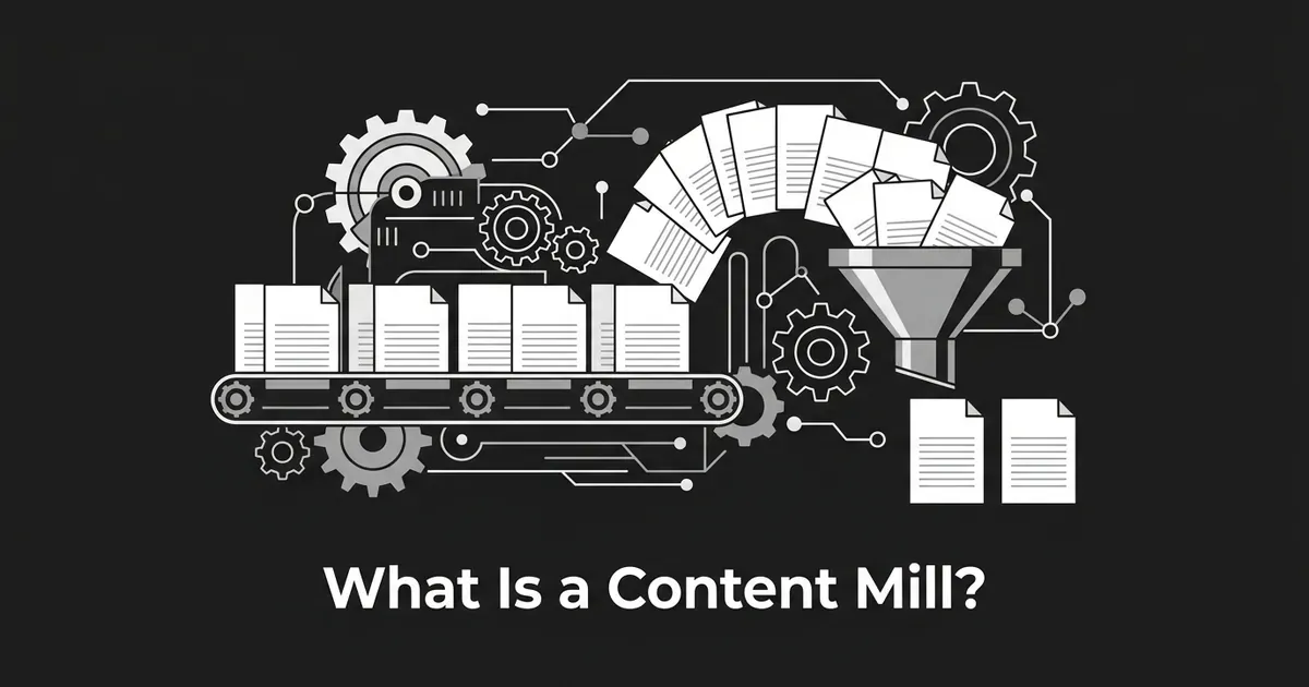 A monochrome illustration of identical blank document pages moving along a conveyor belt through gears toward a funnel, representing the assembly-line production model of a content mill, with the cover line What Is a Content Mill.