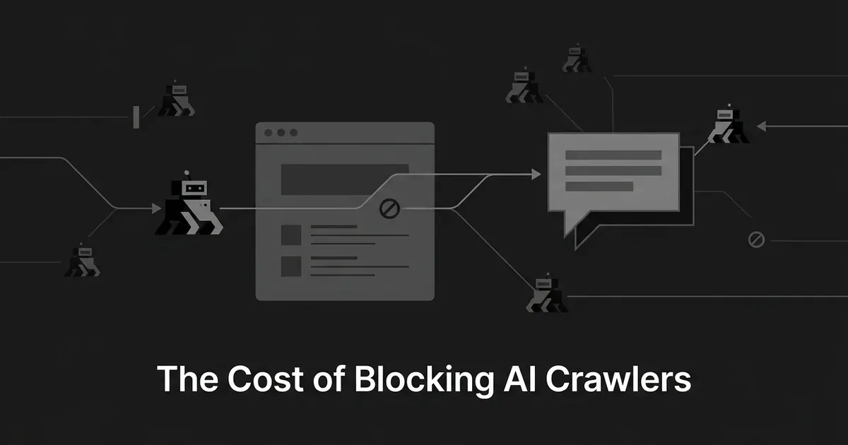 A monochrome illustration of small robot crawler icons approaching a website page, with one path blocked by a barred circle icon and another path reaching a chat-bubble answer card, above the text The Cost of Blocking AI Crawlers.