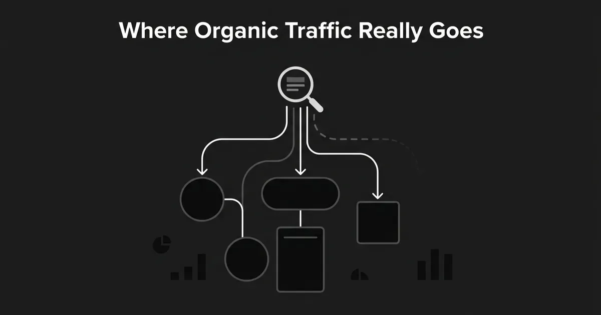 A monochrome diagram of a search icon branching into several dark node shapes representing different traffic channels, with one path fading out before it reaches a node, illustrating how search traffic can end up misclassified.