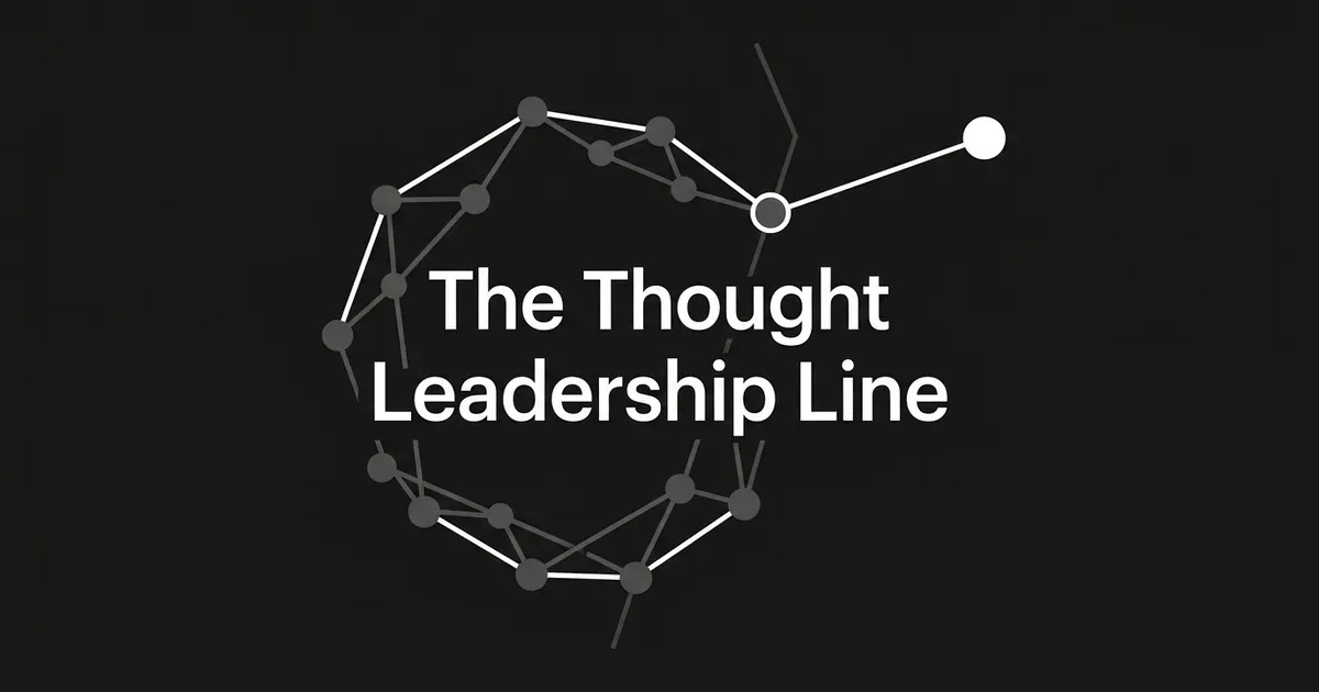 Abstract monochrome diagram of a looped cluster of connected nodes with one node breaking away to connect to a single distinct node, illustrating the line between consensus content and thought leadership.