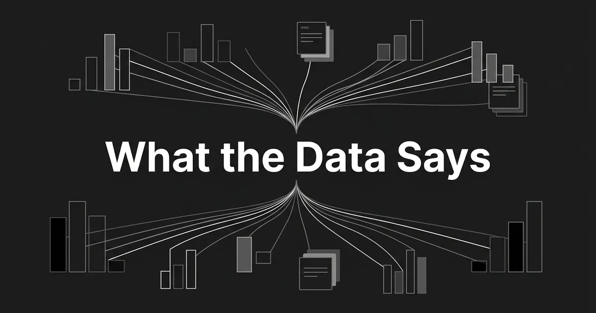 White cover text reading What the Data Says on a charcoal background, with thin lines fanning from a central point out to outlined bar charts and stacked cards.
