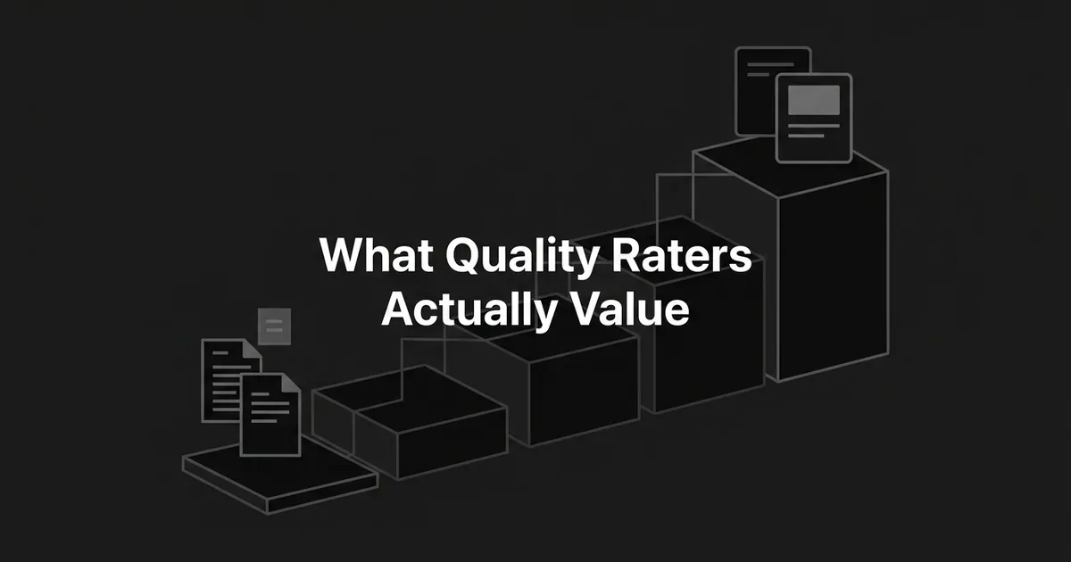 An abstract monochrome illustration of five ascending platforms holding page-card icons, rising from a thin scattered card at the base to a taller, cleaner card at the top, with the text "What Quality Raters Actually Value" centered on a charcoal background.