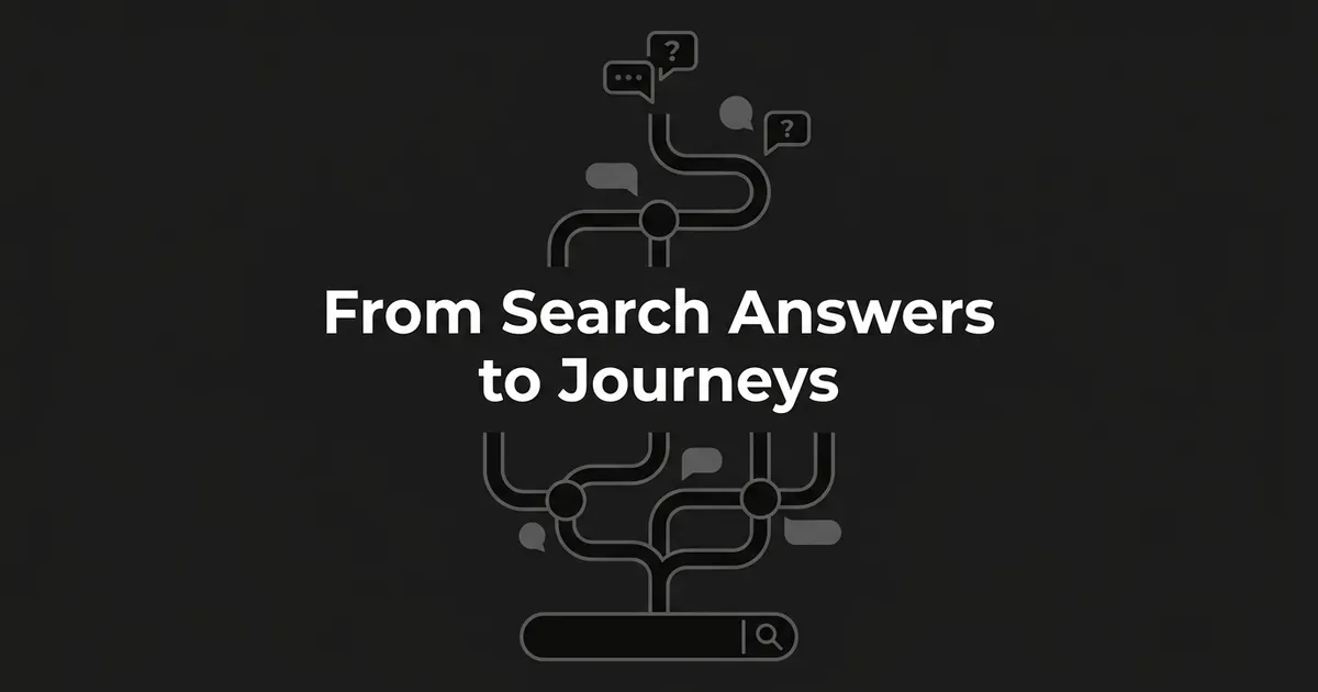 A monochrome illustration of a single search bar branching upward through connected pathways into chat and question bubbles, over the cover line From Search Answers to Journeys.