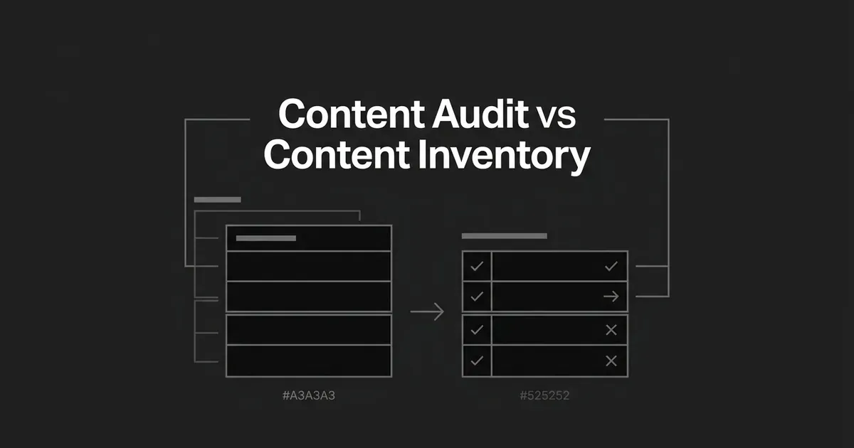 An illustration contrasting a plain list of content rows with the same rows carrying checkmark and X judgment marks, next to the words Content Audit vs Content Inventory.