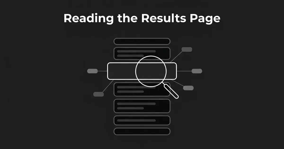 A stack of search result cards in monochrome, with a magnifying glass over one highlighted card and thin lines connecting it to smaller signal nodes, representing a SERP analysis reading a results page for clues.