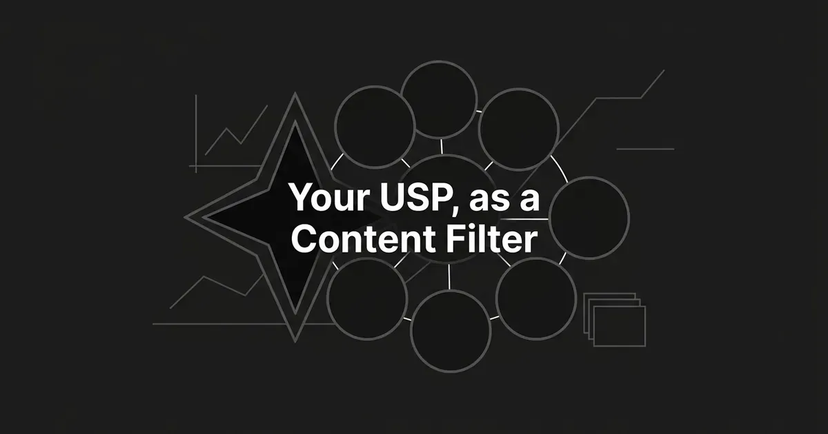 A monochrome illustration of a single distinct star shape standing out in front of a ring of plain connected circles, with faint chart-line and layered-card motifs in the background and the text 'Your USP, as a Content Filter'.