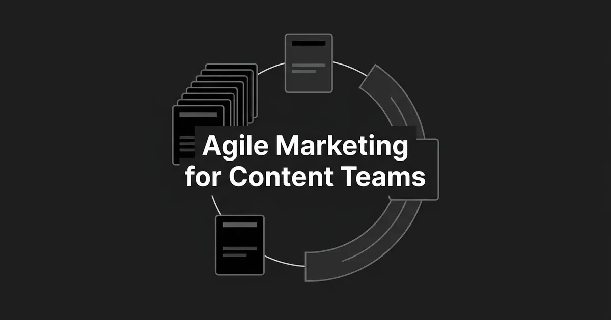 An abstract monochrome illustration of stacked cards flowing around a circular arrow loop, representing a content backlog moving through a repeating planning cycle, with the title Agile Marketing for Content Teams centered on a charcoal background.