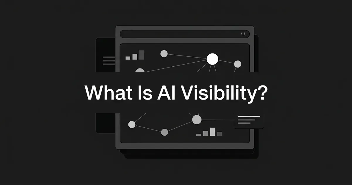 A monochrome charcoal illustration with the centered white cover line "What Is AI Visibility?" over an abstract AI search panel of connected brand nodes, one node highlighted, with small share-of-voice bar fragments.