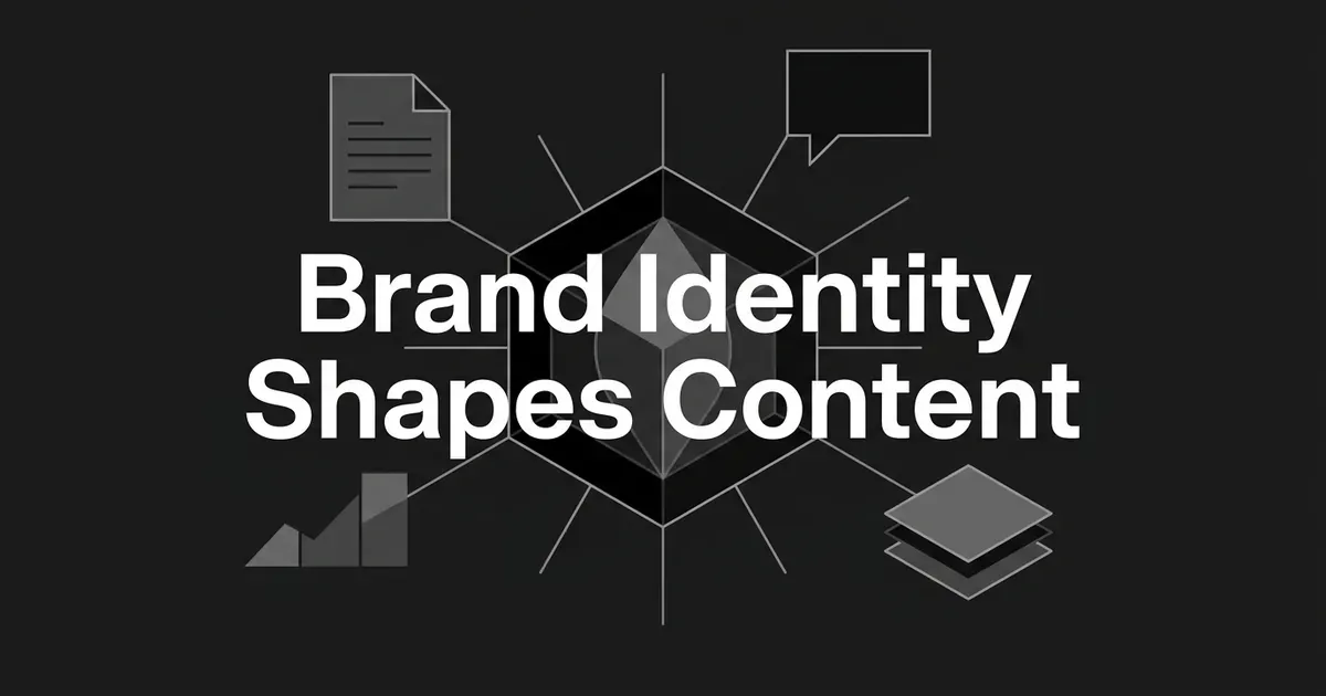 A monochrome illustration of a central hexagon core with thin lines radiating out to a document, a speech bubble, a bar chart, and a stack of layered cards, with the cover line Brand Identity Shapes Content.