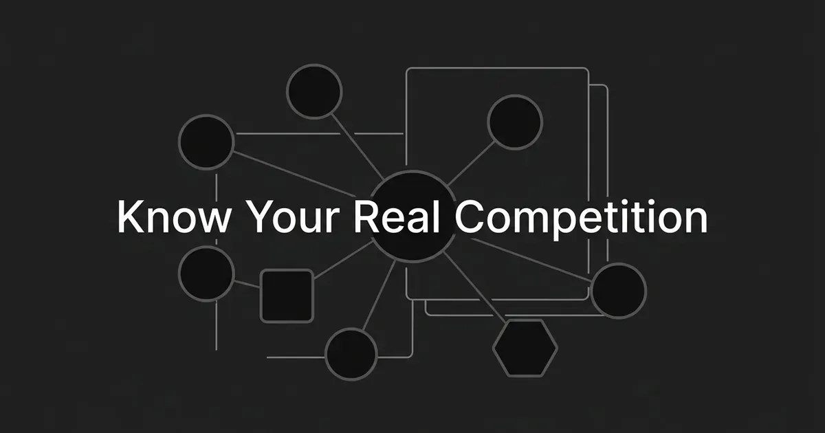 An abstract diagram of a central node connected to several outlying nodes of different shapes over layered card panels, illustrating a business surrounded by its various competitors, with the cover line Know Your Real Competition.