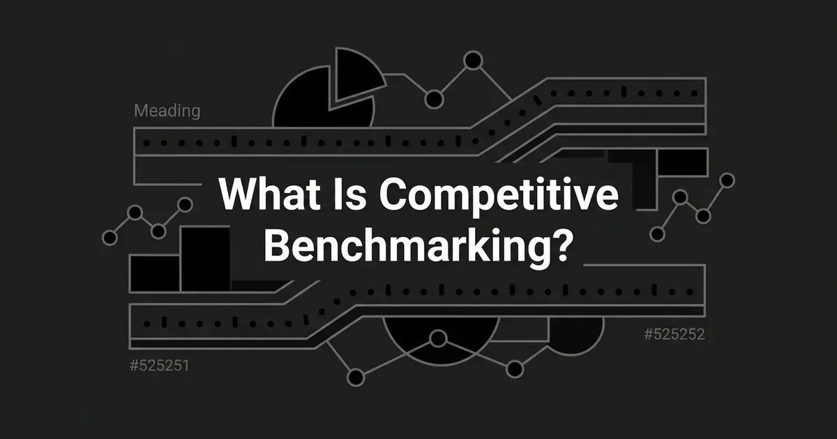 An abstract monochrome illustration of line charts, a pie chart, and connected data points on a charcoal background, with the cover line What Is Competitive Benchmarking centered in white.