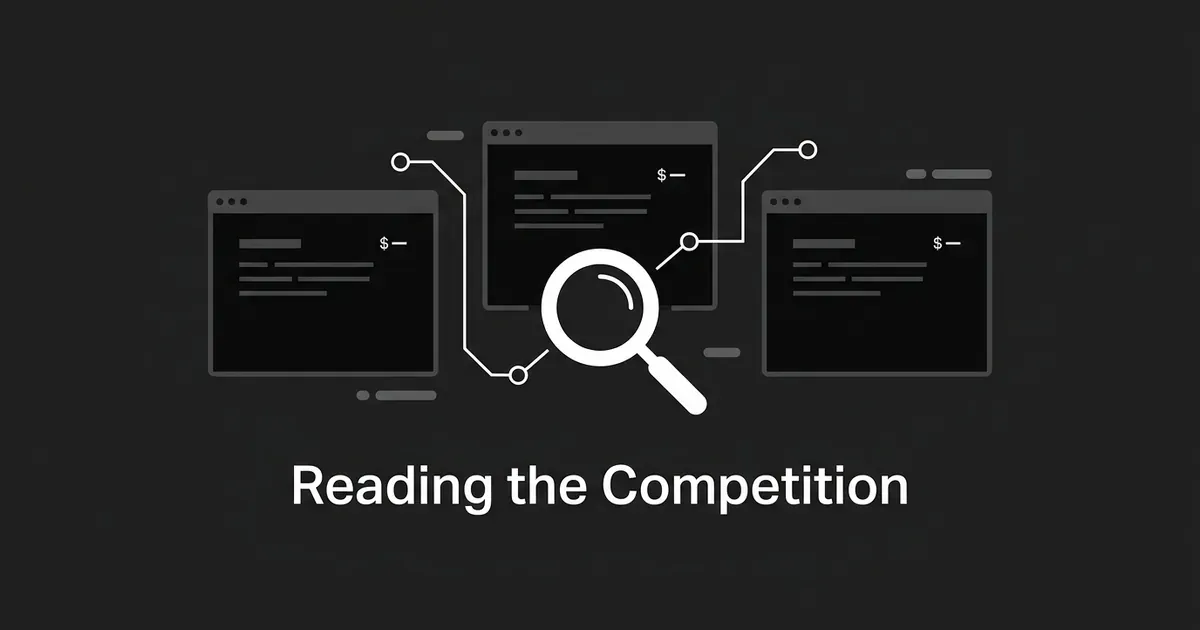 A magnifying glass connects three browser-like windows showing rival web pages, illustrating competitive intelligence as a monochrome flat diagram, with the cover line Reading the Competition below.
