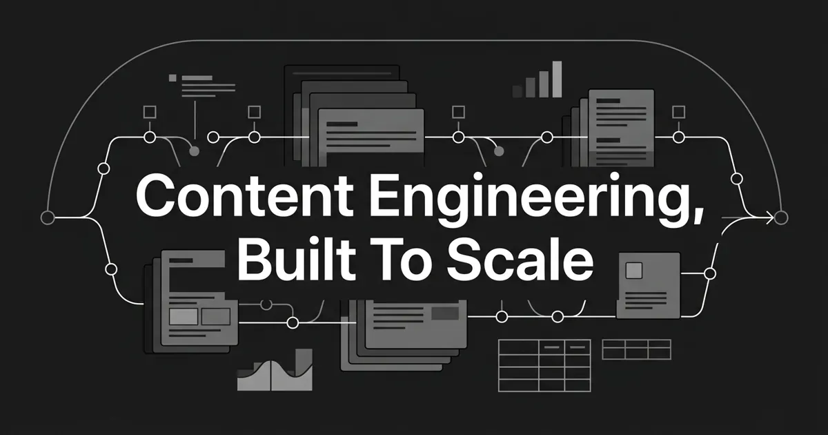 Monochrome cover illustration of a content production pipeline: connected nodes, quality-gate markers, stacked document components and a feedback loop on charcoal, with the white cover line Content Engineering, Built To Scale.