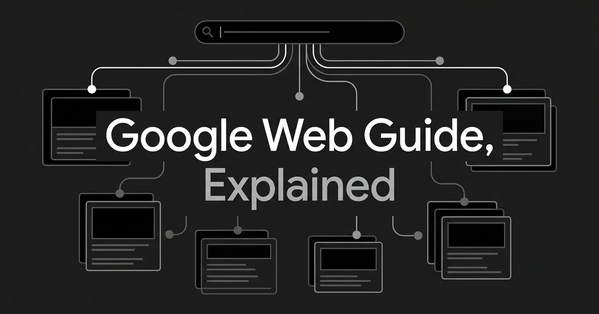 A monochrome diagram of a search bar branching into several grouped clusters of web page cards, with the text Google Web Guide, Explained.