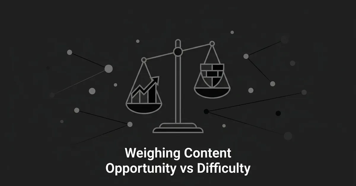 A monochrome illustration of a balance scale weighing a rising traffic chart against a blocked wall icon, with scattered connected nodes around it and the line Weighing Content Opportunity vs Difficulty.