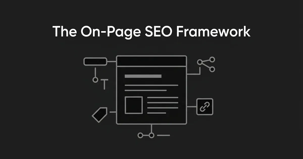 A monochrome diagram of a simplified web page with icons for a title tag, a heading, a link, and a share element connected around it, titled The On-Page SEO Framework.