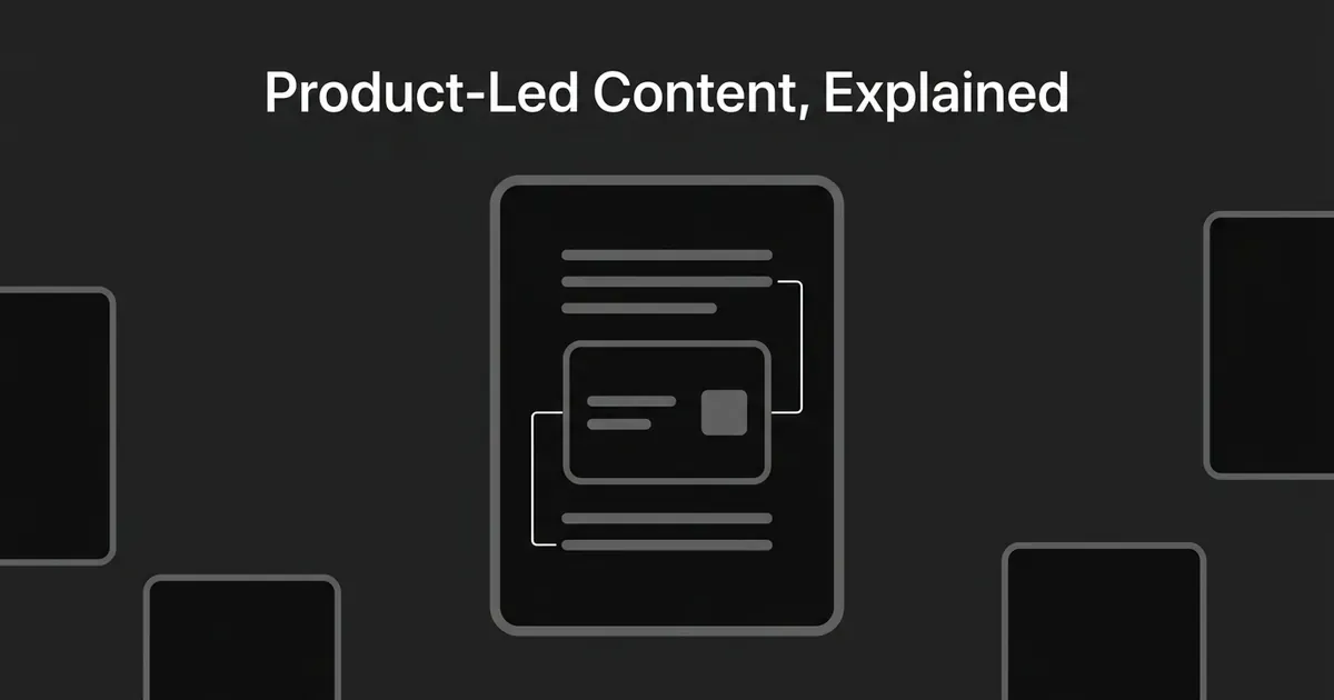 An abstract illustration titled Product-Led Content, Explained, showing a document card with a small product-screen fragment embedded in its body and connected to its text lines, set apart from plain, unconnected document cards around it.