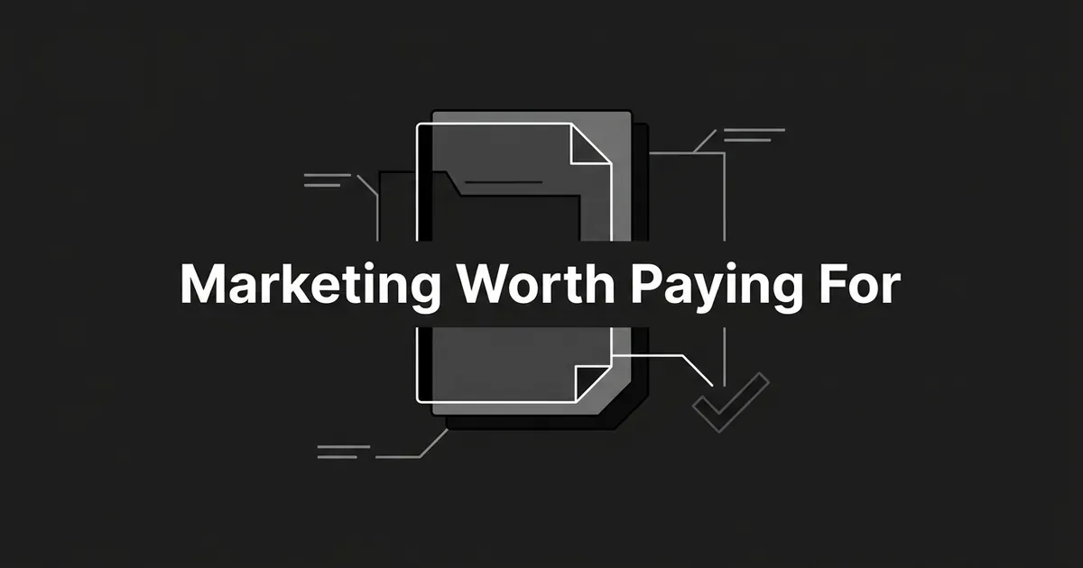 A monochrome illustration of a layered document icon connected by thin lines to a checkmark, with the cover line 'Marketing Worth Paying For' centered on a charcoal background.