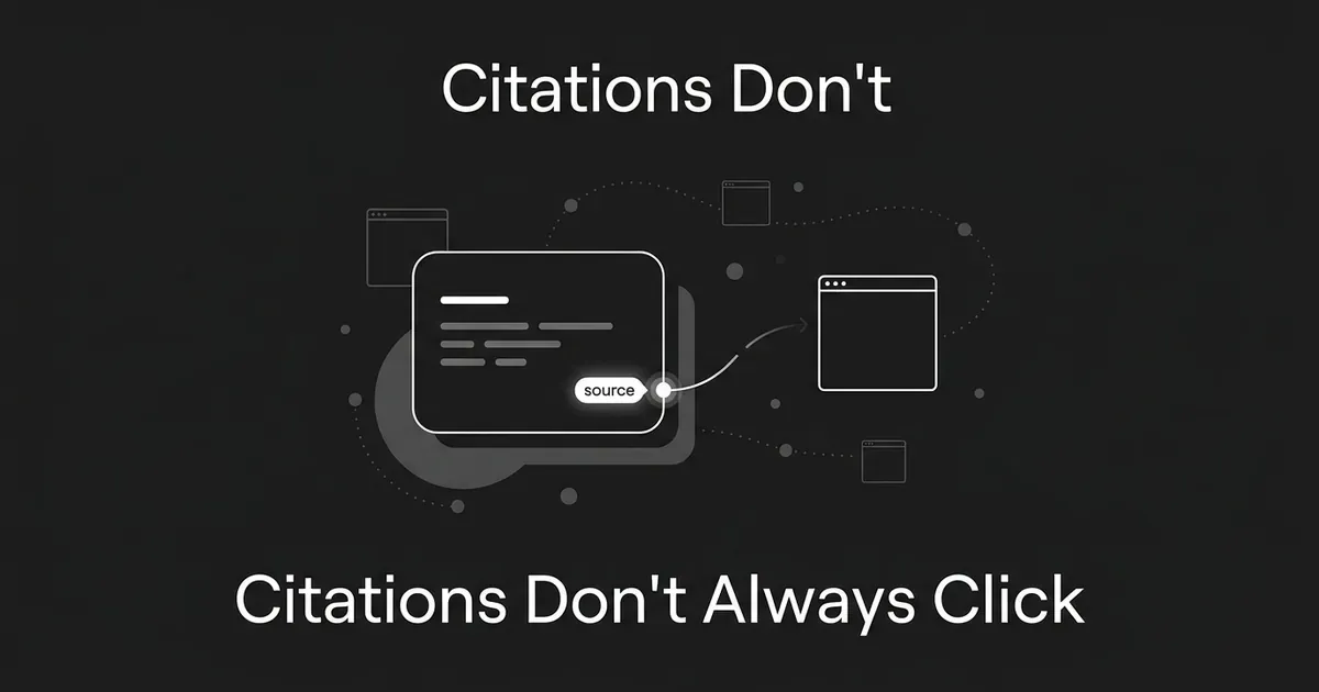 A monochrome illustration on a charcoal background of an AI answer card with a glowing source tag, connected by a curved line to a separate webpage window, surrounded by faint dotted paths and smaller browser-window icons representing a wider network of pages.