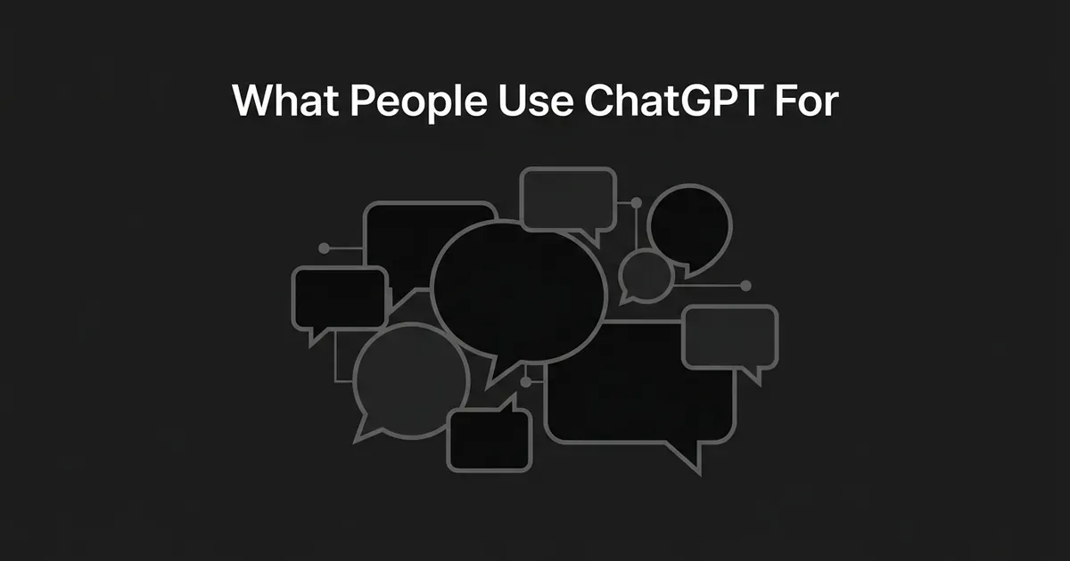 A cluster of overlapping speech and chat bubbles of different sizes connected by thin lines, in white and gray on a dark charcoal background, illustrating the mix of different conversation types people have with ChatGPT.