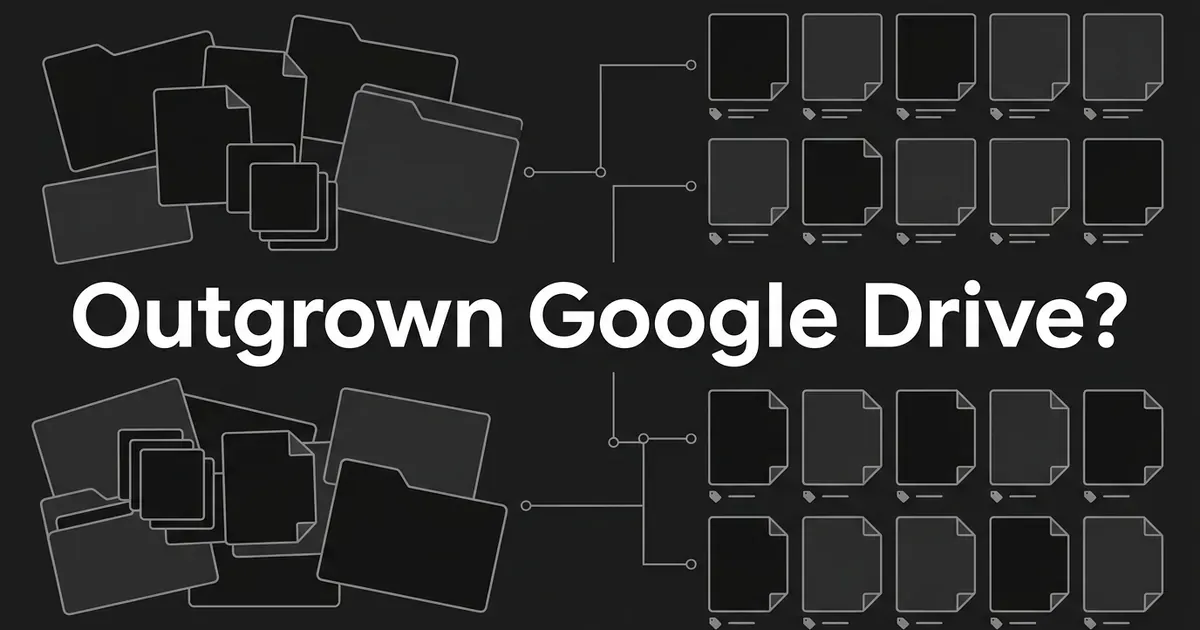 Pile of cluttered file and folder cards on charcoal beside a tidy tagged grid of the same cards, under the cover line Outgrown Google Drive?