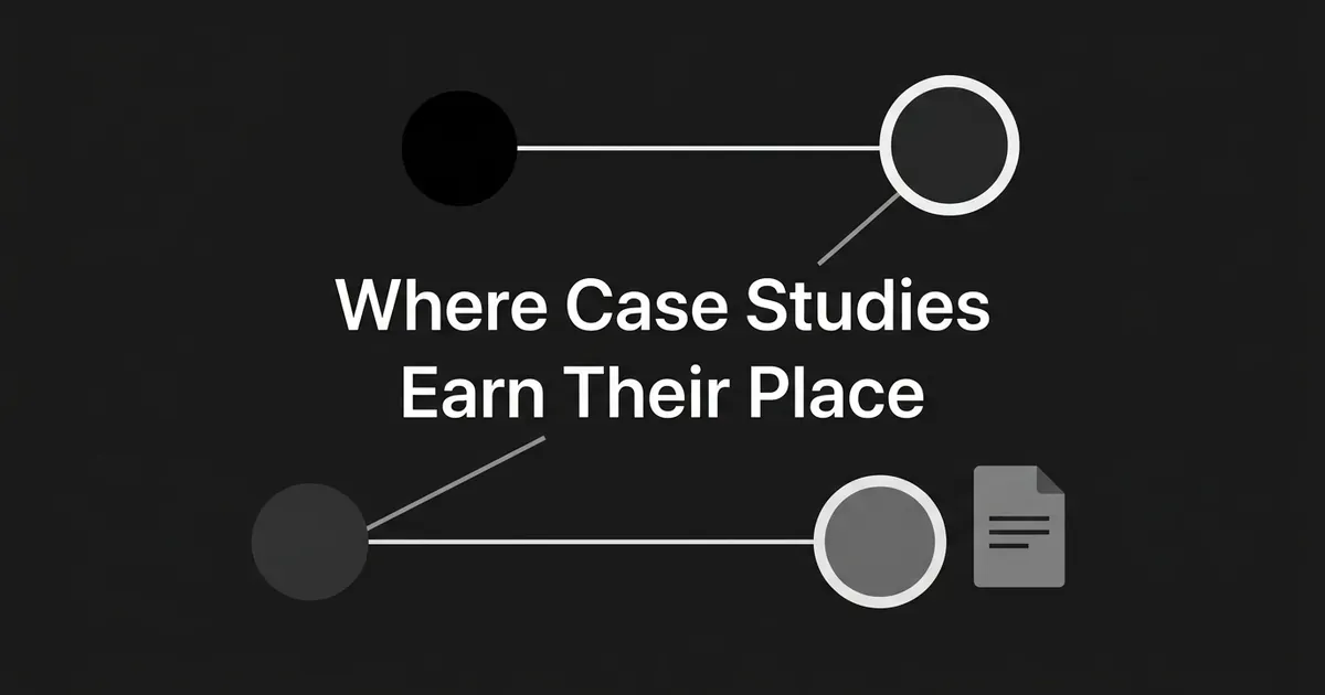 An abstract monochrome illustration of connected circular nodes and a document icon on a charcoal background, with the cover line 'Where Case Studies Earn Their Place'.