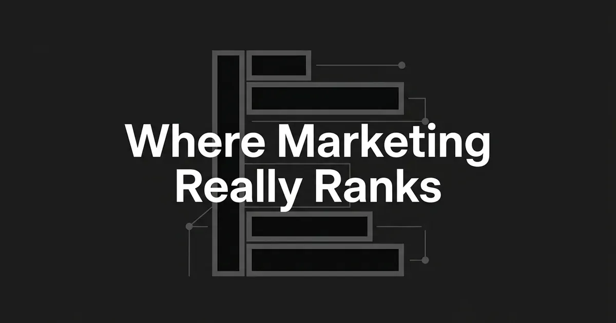 Monochrome illustration of ranked horizontal bars of varying lengths connected by thin lines and nodes, with the white cover line Where Marketing Really Ranks centered on a charcoal background.