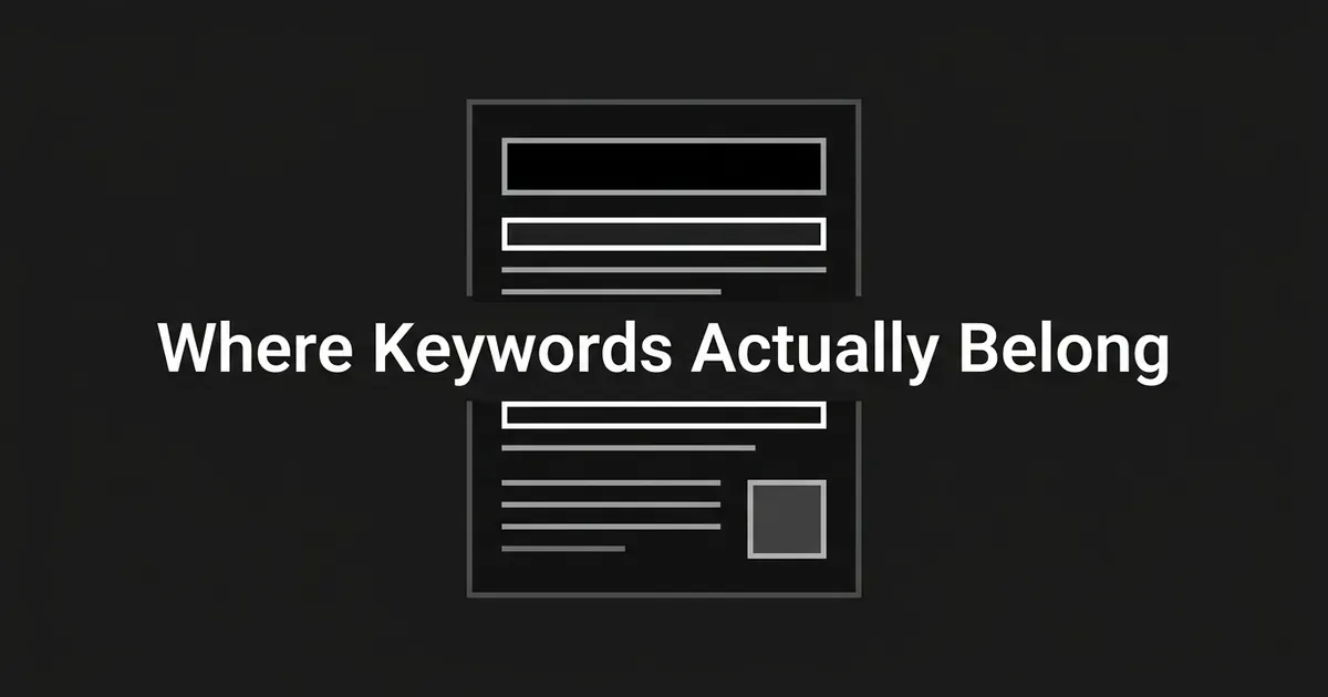 Abstract monochrome diagram of a web page layout with highlighted title, heading, and body text bands, and the words Where Keywords Actually Belong overlaid in white.