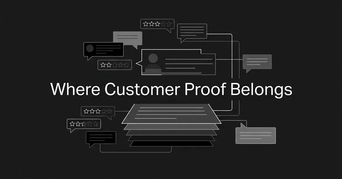 Monochrome illustration of scattered comment bubbles and star-rating icons connecting into a layered stack of content cards, with the cover line "Where Customer Proof Belongs" centered on a charcoal background.
