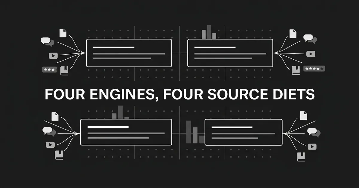 Monochrome abstract cover showing four separate answer panels on a charcoal background, each fanning thin white connector lines out to its own cluster of source icons (document, forum bubble, video, book, star rating), with the centered white cover line FOUR ENGINES, FOUR SOURCE DIETS.