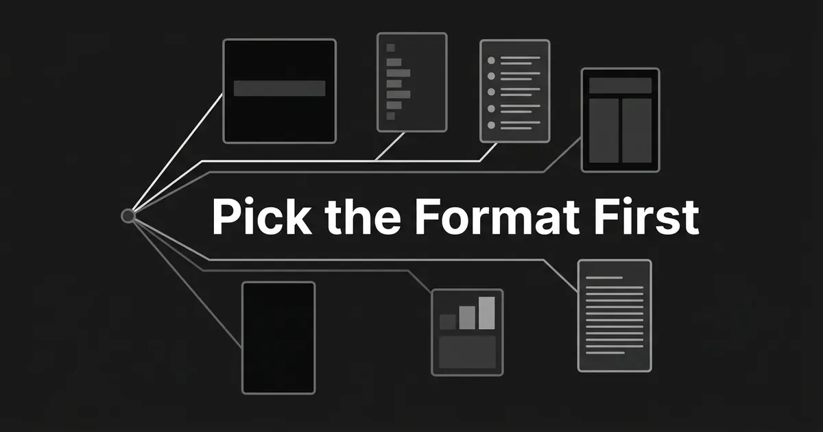 A single node fans out along thin grey connector lines to six unlabelled outlined page shapes on a charcoal background, with the white cover line "Pick the Format First" centred between them.