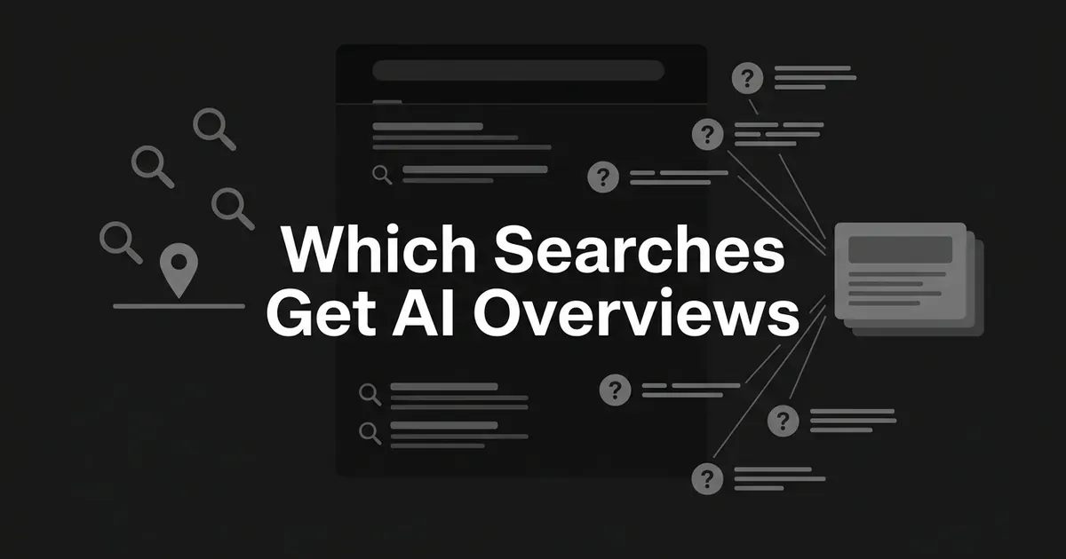A monochrome illustration titled Which Searches Get AI Overviews, showing scattered search and map-pin icons on one side and clustered question marks converging into a stacked answer card on the other.