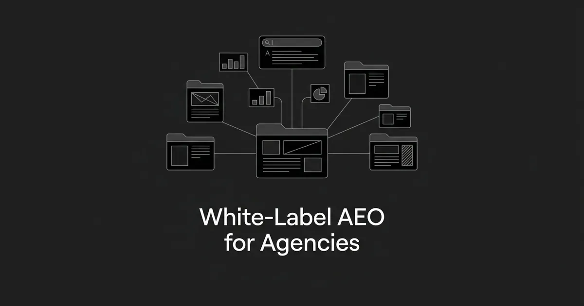 A monochrome diagram showing a central agency hub connected to several distinct client folder icons and small chart and search-answer icons, with the text White-Label AEO for Agencies.