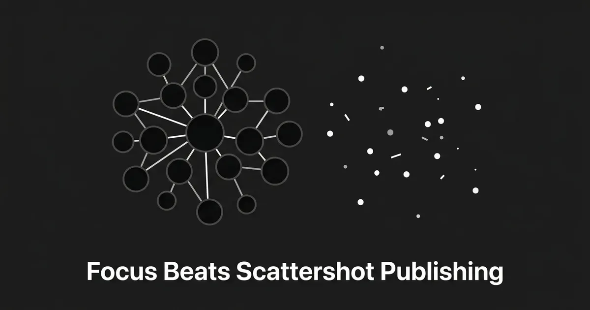 An abstract monochrome illustration contrasting a dense, connected cluster of linked nodes on the left with a loose scatter of disconnected dots on the right, over the text Focus Beats Scattershot Publishing.