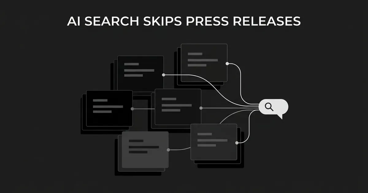 A cluster of duplicate document cards, representing copies of the same press release across many sites, connected by lines converging on a single search icon that represents an AI engine picking one source to cite.