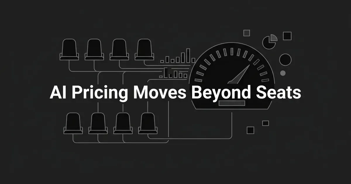 Abstract monochrome illustration of rows of seat icons feeding into a speedometer-style usage gauge with variable-height bars, next to the text AI Pricing Moves Beyond Seats.
