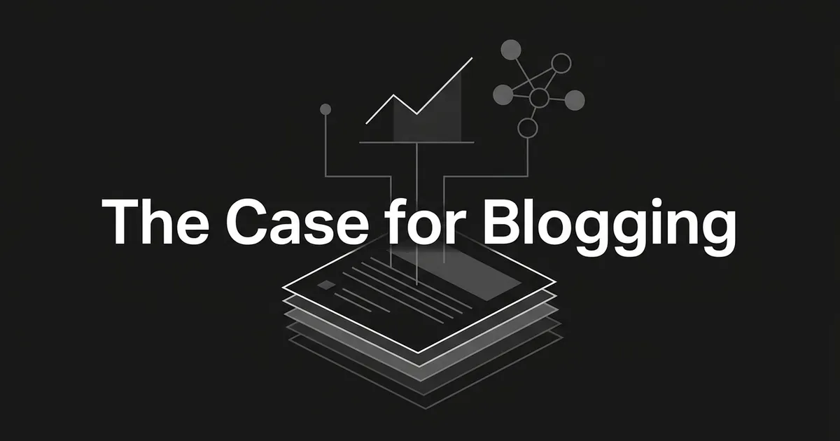 Cover with the text The Case for Blogging above a stack of layered article cards connected by thin lines to a rising line chart and a cluster of linked nodes, in white and gray on charcoal.
