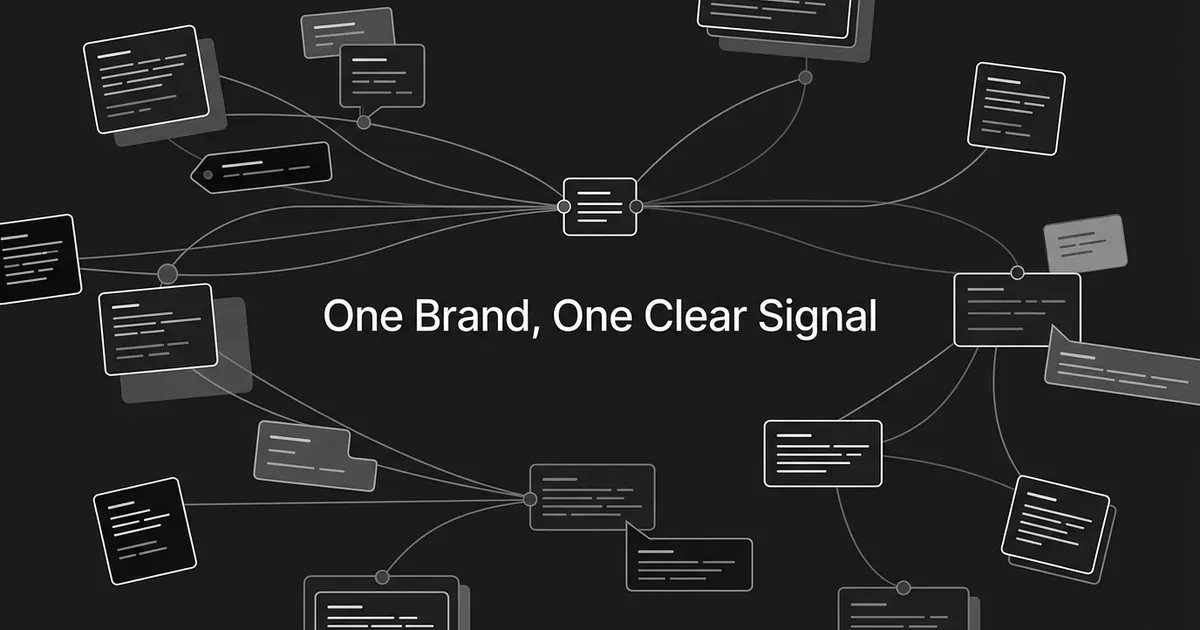 A monochrome network diagram showing scattered fragments of text converging through connecting lines into one unified card, with the text One Brand, One Clear Signal centered on a charcoal background.