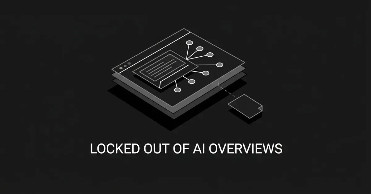 Monochrome charcoal cover showing an abstract AI answer panel with connected citation nodes and one disconnected page node left outside the group, under the white cover line 'Locked Out of AI Overviews'.