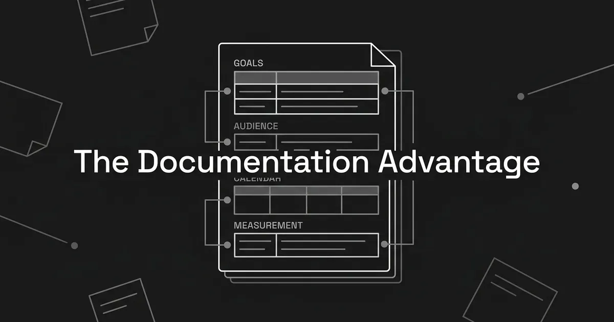 A monochrome illustration of a structured document with labeled sections for goals, audience, calendar, and measurement, connected by thin lines, surrounded by loose scattered note shapes at the edges, with the cover line The Documentation Advantage.