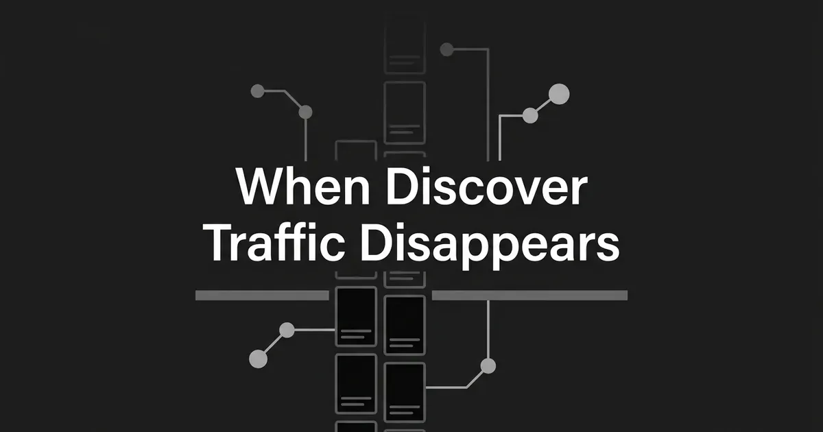 Abstract monochrome illustration of a vertical column of feed cards fading toward the top, with a steady horizontal line running across it and node-and-connection motifs on either side, next to the text When Discover Traffic Disappears.