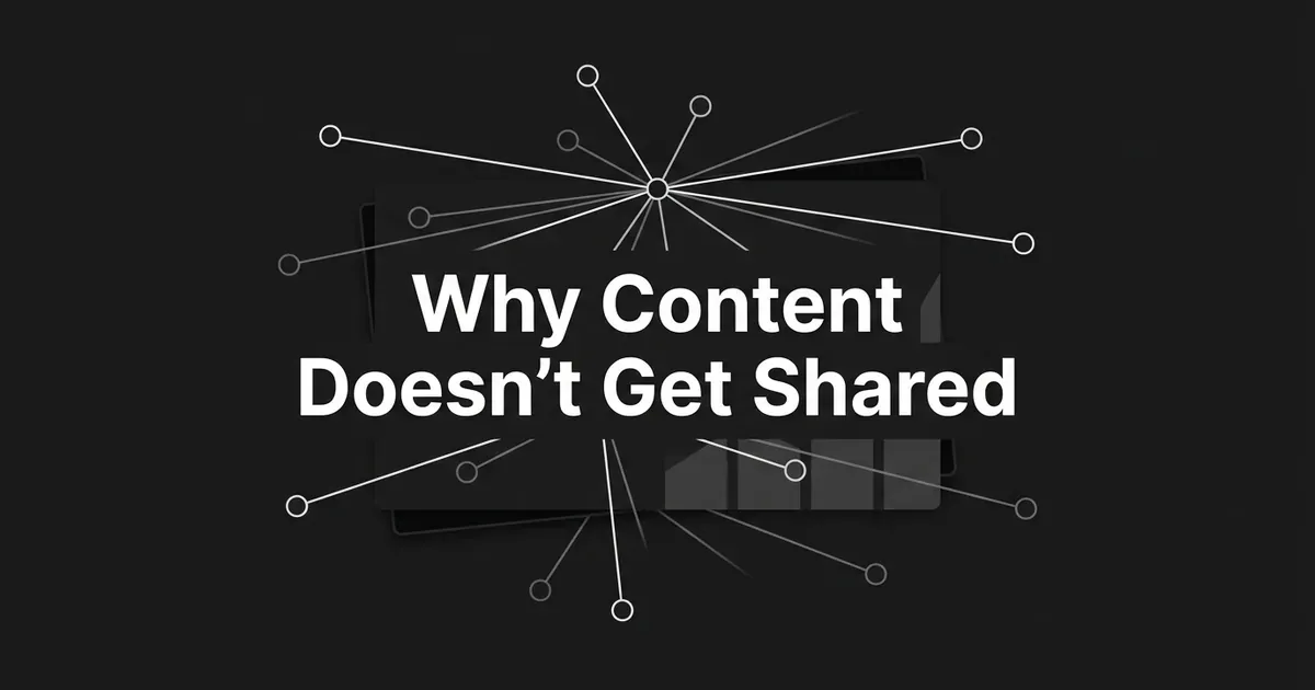 Abstract monochrome diagram of a hub with thin lines radiating to small nodes, several lines fading out before they arrive, behind the cover line 'Why Content Doesn't Get Shared'.